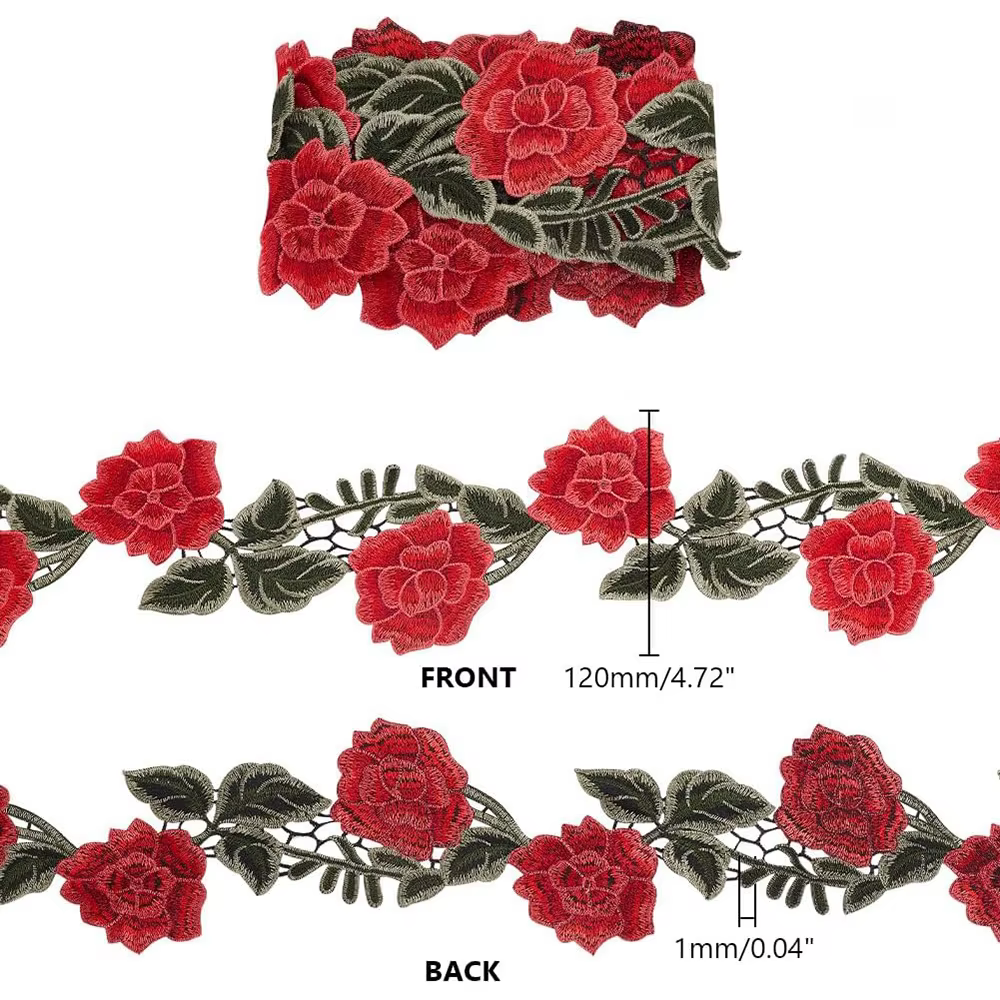 Ruban de bord de tissu de dentelle de fleur de broderie rouge, jupe de bricolage, accessoires vestisens, technologie de couture, 120mm, 1 mètre