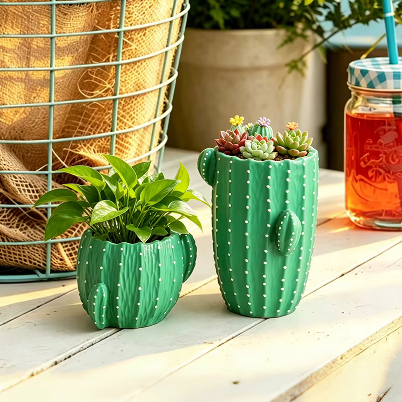 Petit pot de fleurs en résine en forme de cactus vert de dessin animé pour plantes succulentes