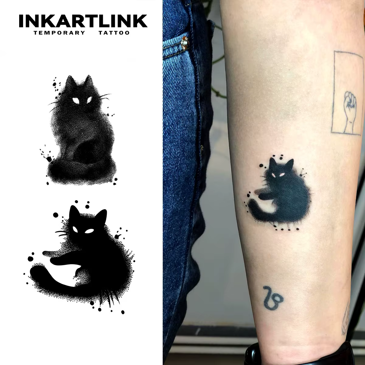 Tatouage temporaire chat, art corporel animal unique, tatouage adulte, idée cadeau de fête d'Halloween, conception de bras, poignet, cou, cadeau d'anniversaire