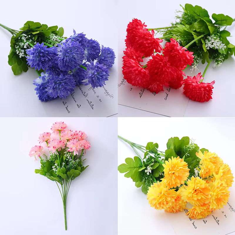 Bouquet de 10 chrysanthèmes polychromes artificiels en soie