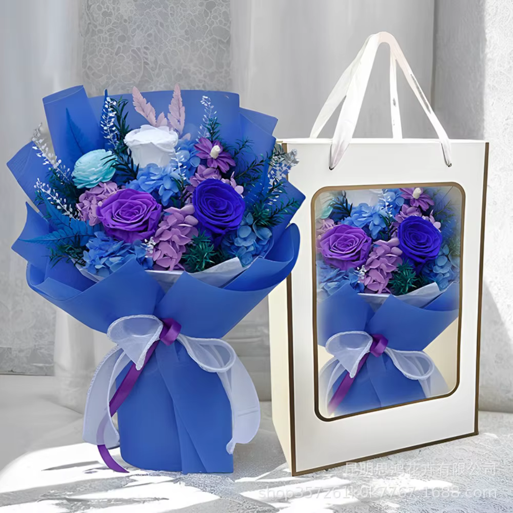 Coffret cadeau romantique en bouquet de roses et d'hortensia conservés – Fleurs éternelles durables faites à la main
