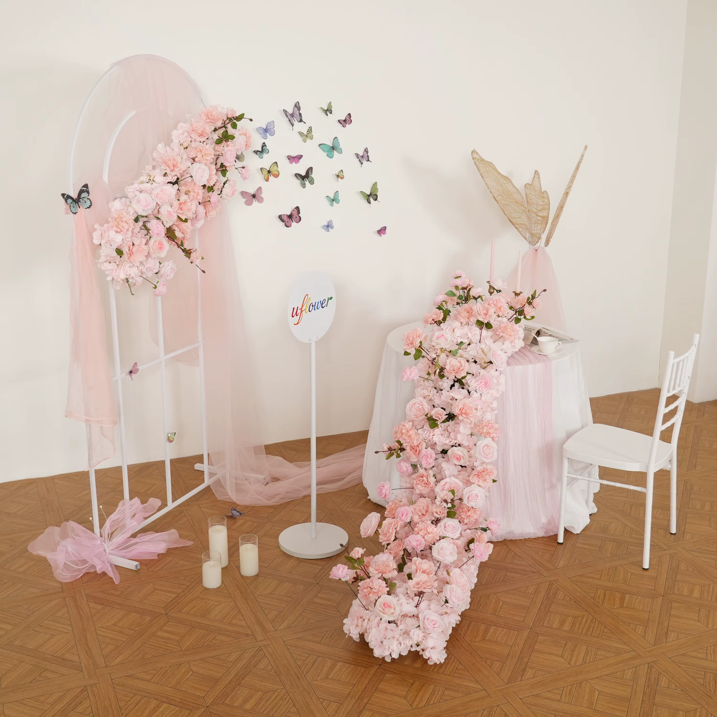 2026 Uflower Rangée de fleurs artificielles roses personnalisées de luxe pour centre de table