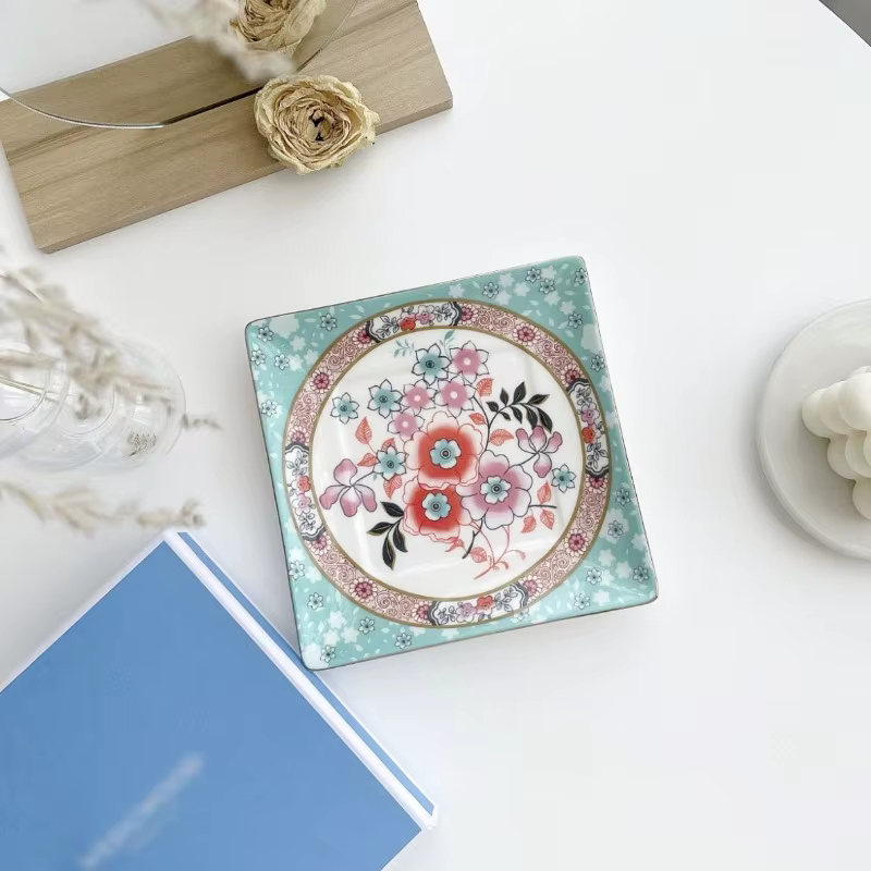 Ensemble de plats en céramique à fleurs vintage, plat carré de 14,5 cm en porcelaine osseuse, plat à gâteau, plat à dim sum, vaisselle pour le thé de l'après-midi, décoration de table à manger à la ma