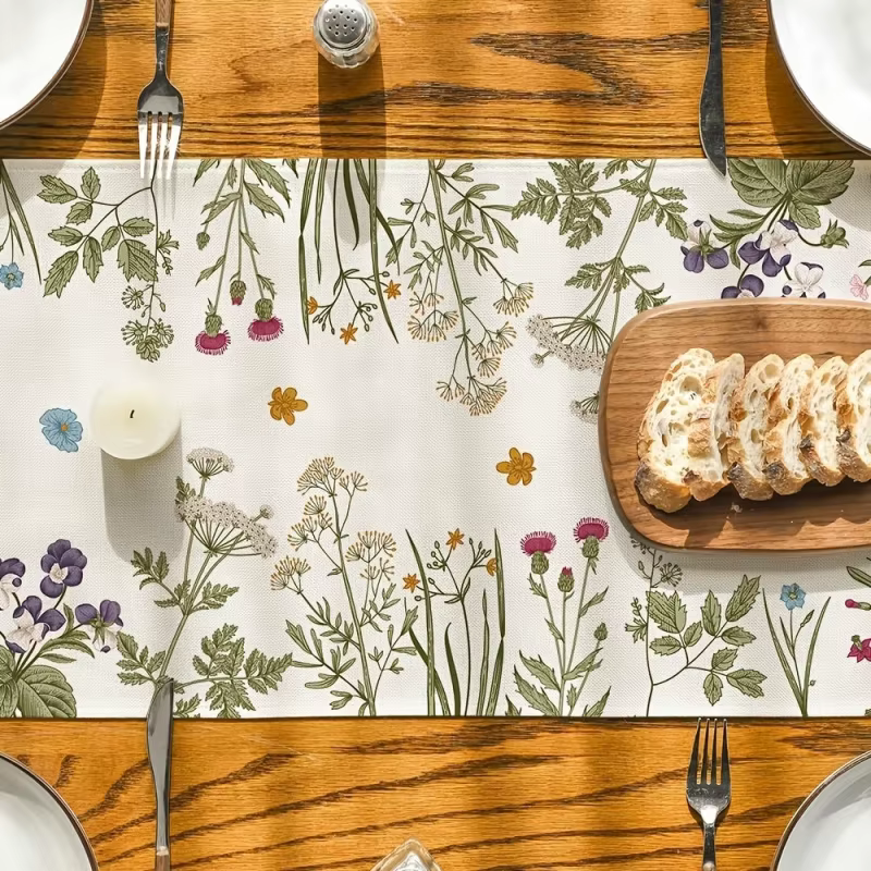 Chemin de table en polyester et lin à motifs de fleurs sauvages