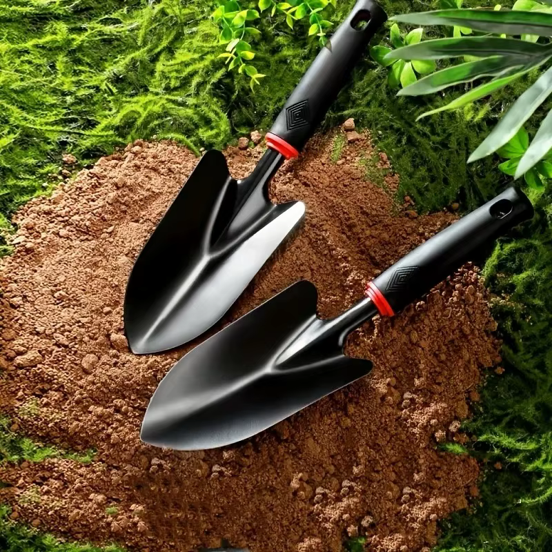 Truelle de jardin en métal avec poignée noire ergonomique et bordure orange – Outil parfait pour la plantation de fleurs et de légumes