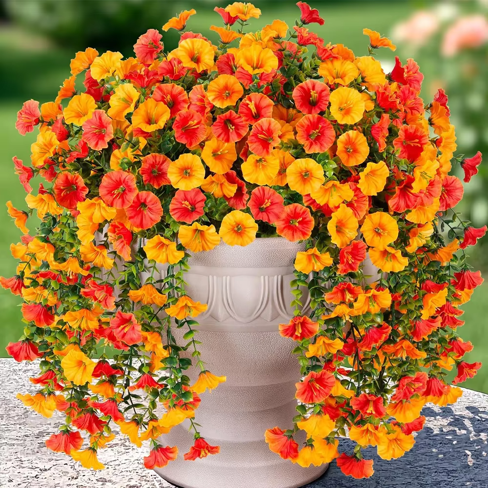 2 pièces fleurs artificielles suspendues fausses plantes extérieures soie matin gloire fausse fleur avec feuilles d'eucalyptus pour la décoration de jardin de la maison