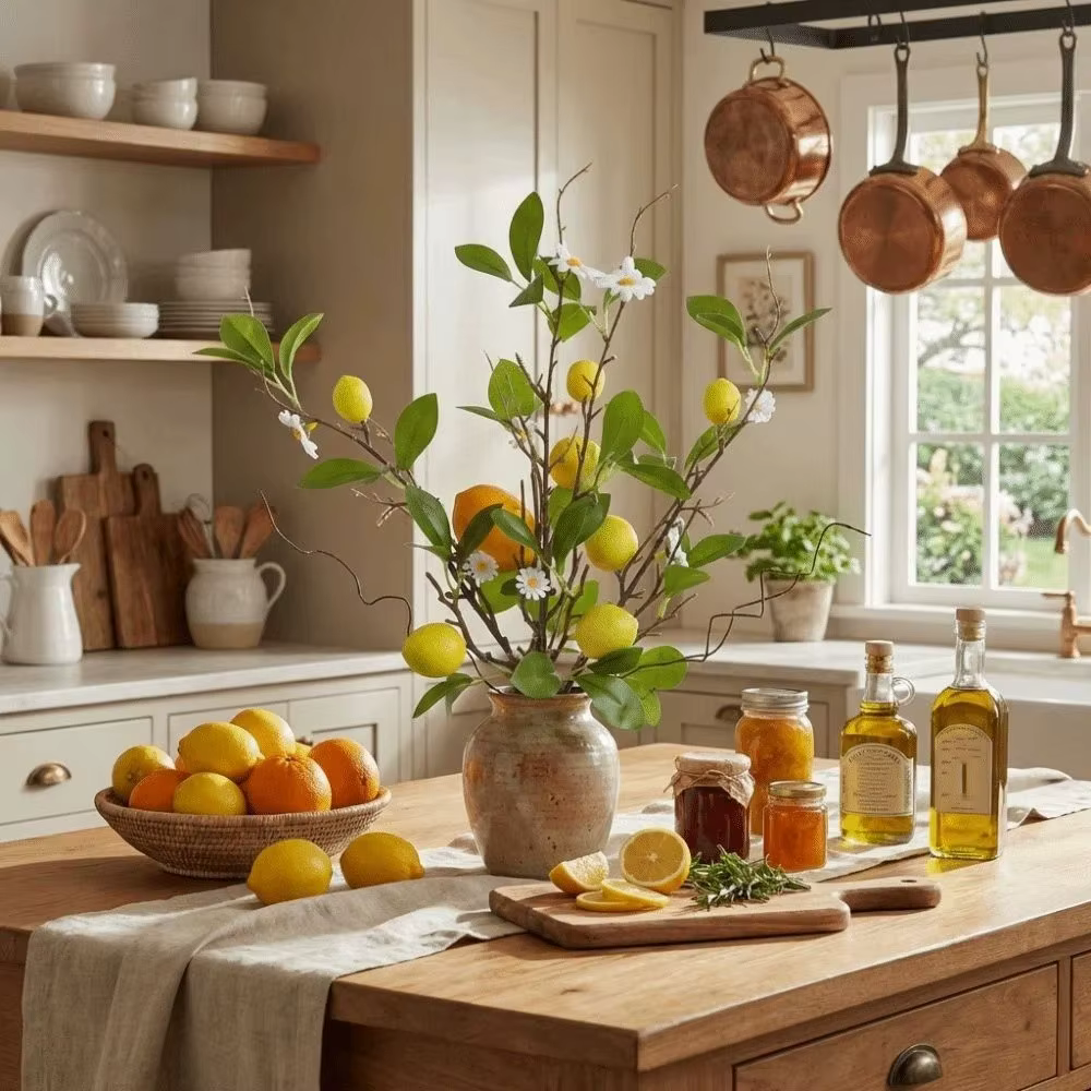 Branche de citron artificielle en plastique avec fleurs