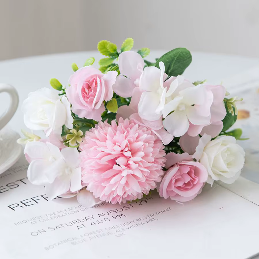 Fleur artificielle Soie Rose Chrysanthème Mariée Bouquet De Mariage En Plein Air Jardin Maison Vase Décor De Table Couronne BRICOLAGE Cadeau Accessoire