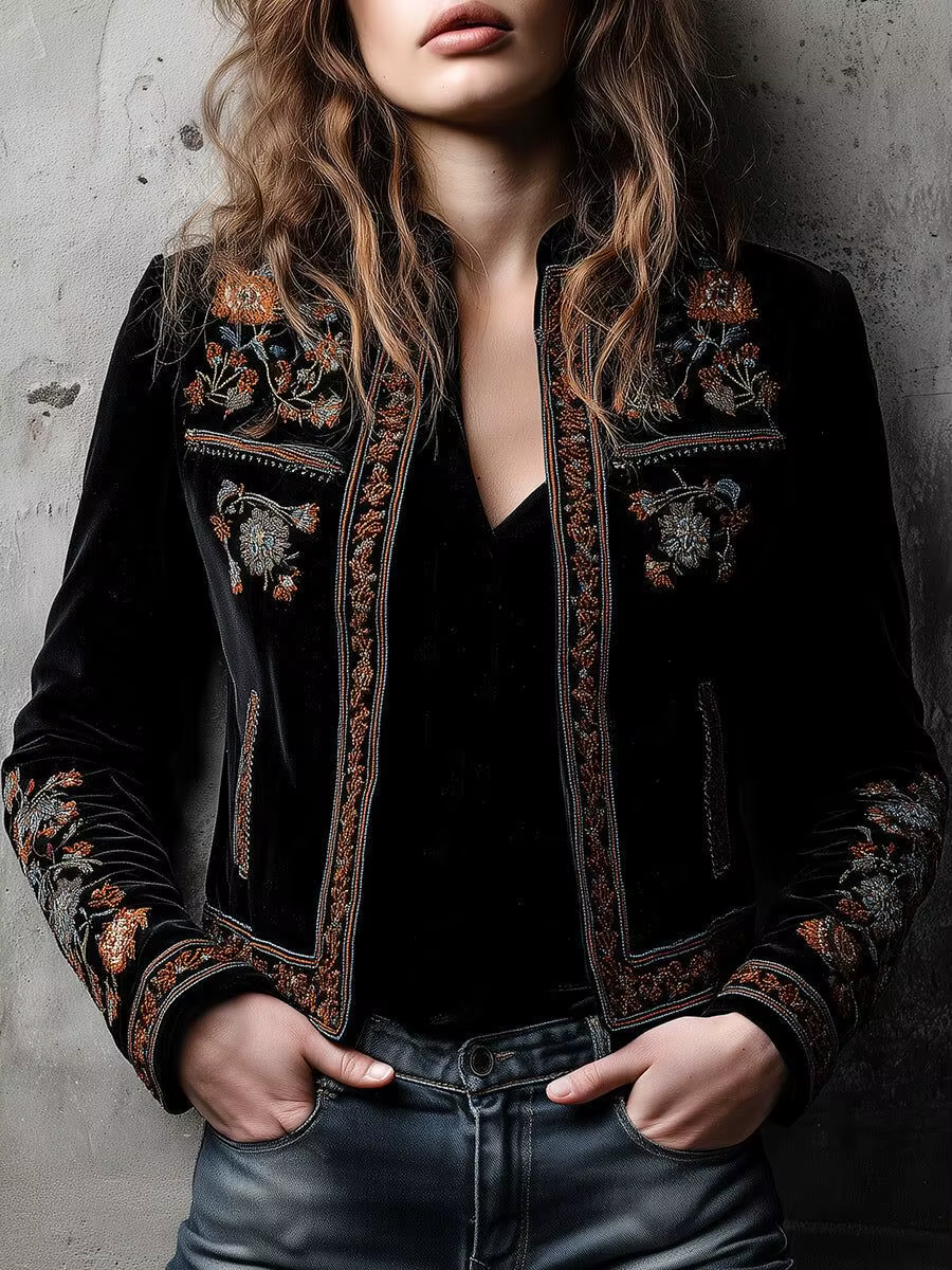 Veste à col montant imprimé Floral pour femmes, Cardigans rétro américains, vêtements d'extérieur courts, Chic, ethnique, décontracté, élégant, automne