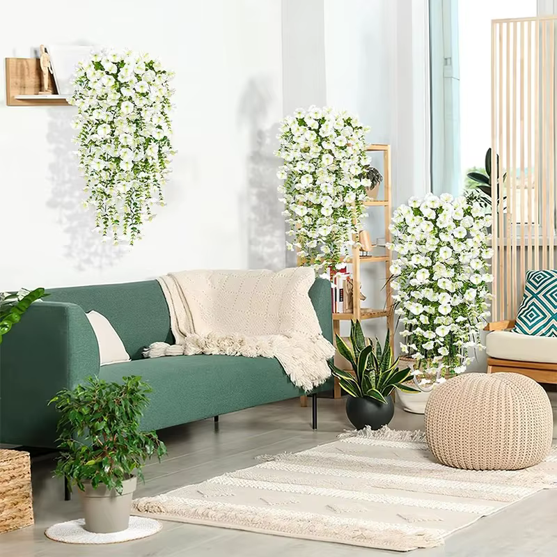 75 cm blanc Crochet fleur artificielle matin gloire tenture murale fausses plantes violettes suspendus