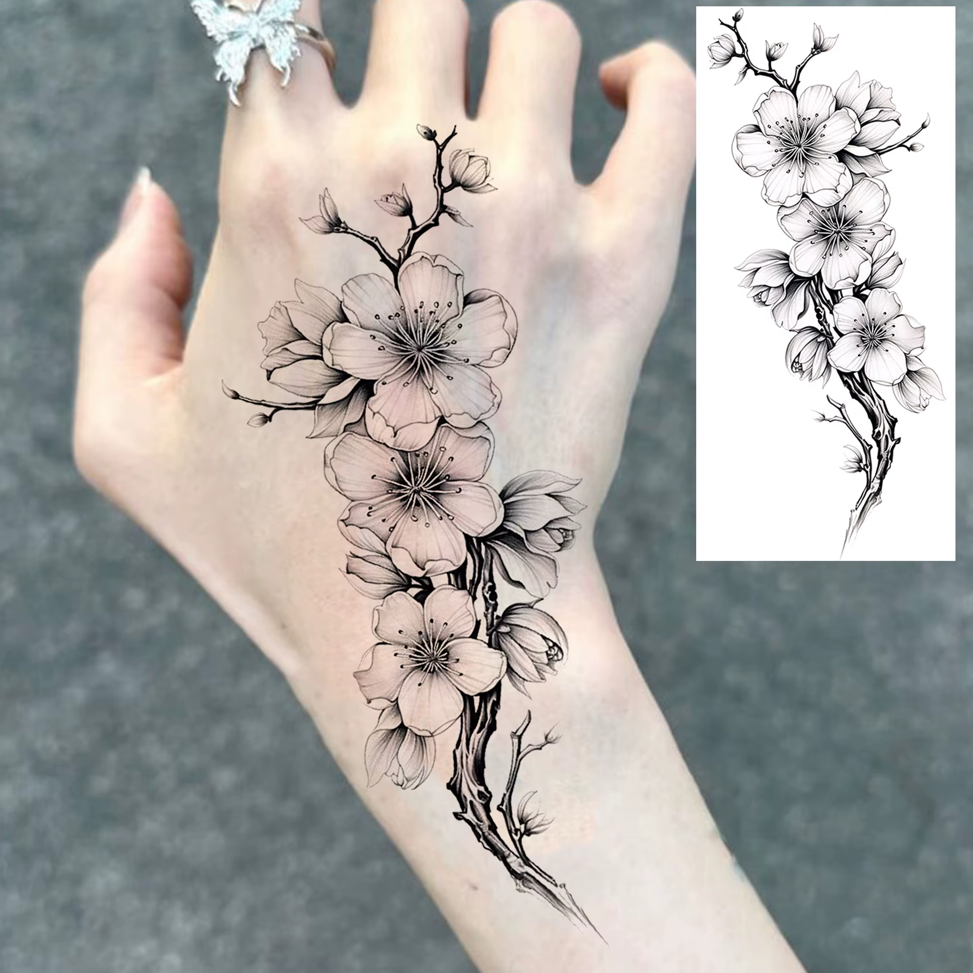 1 feuille de tatouages temporaires à motifs de fleurs, de sakura, de papillons et de vigne pour adultes, pour la cheville et la main, autocollants de tatouage factices réalistes et imperméables, longu
