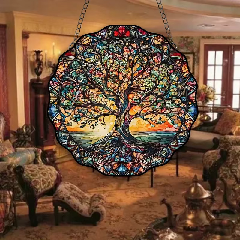 Ornement Arbre de Vie Rond en Acrylique Décoration Murale Universelle Intérieur et Extérieur Plaque Suspendue Lumière