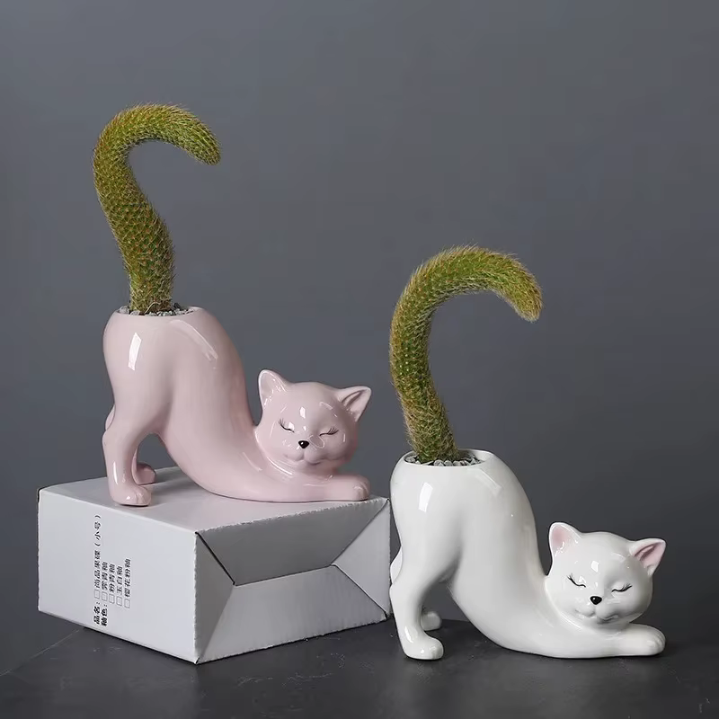 Pot de fleurs en céramique en forme de chat créatif et mignon