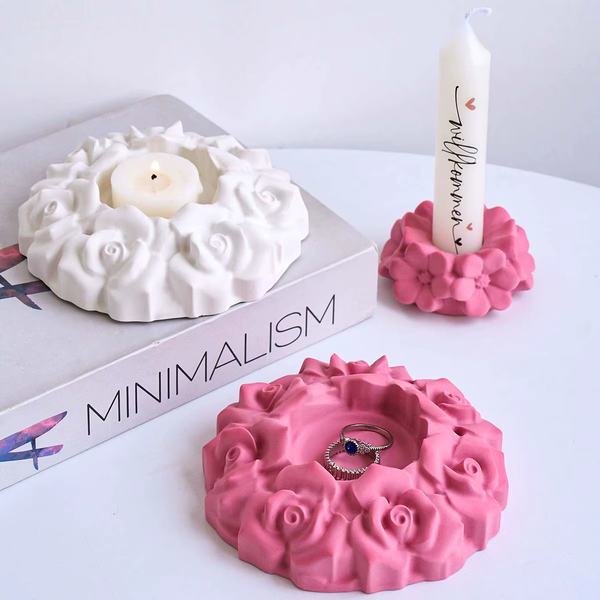 Moule en silicone pour bougeoir en forme de fleurs de cerisier et de roses, pour la fabrication artisanale de supports de bougies en plâtre et résine, moules de moulage pour la décoration intérieure