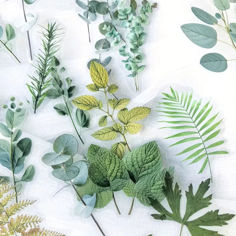 1 paquet de 40 autocollants décoratifs en PET en forme de feuilles de plantes vertes pour scrapbooking