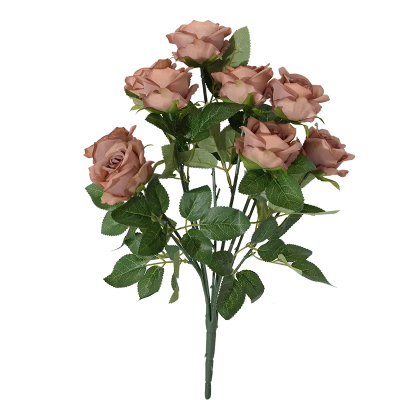 Roses artificielles en soie marron à 9 têtes