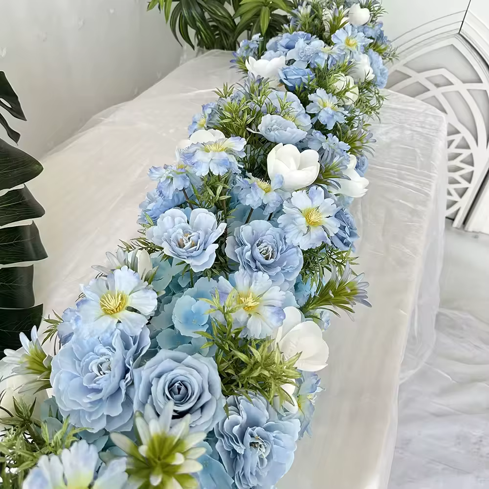 Uflower 200cm Chemin de table en fleurs artificielles bleues élégantes, fond de scène artificiel pour mariage, fête, décoration de la maison