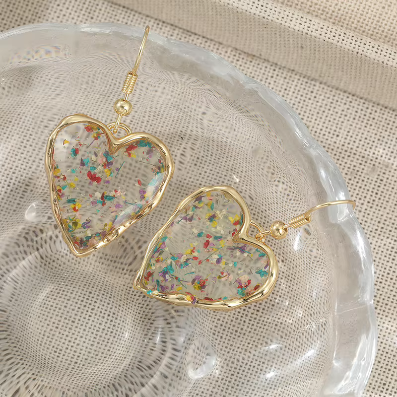 Boucles d'oreilles en forme de cœur pour femmes, fleurs séchées, résine transparente, bijoux romantiques, cadeau d'anniversaire de saint-valentin