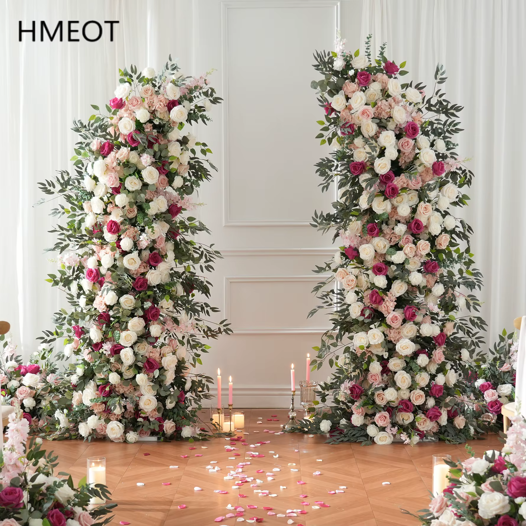 H9094 HMEOT Arche florale artificielle rose vif et feuilles vertes pour décoration de mariage