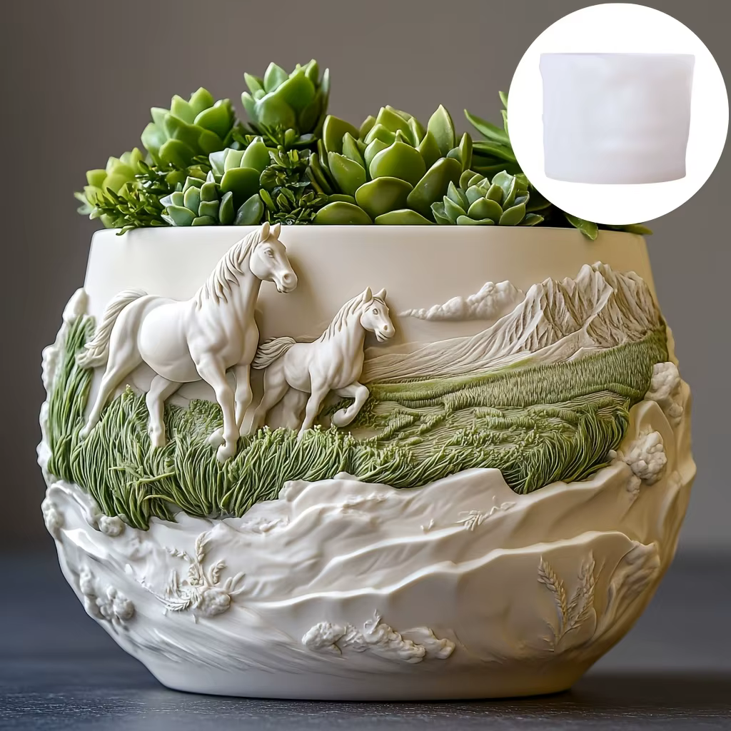 Étalon de course en relief plante succulente pot de fleurs résine silicone moule prairie cheval de guerre boîte de