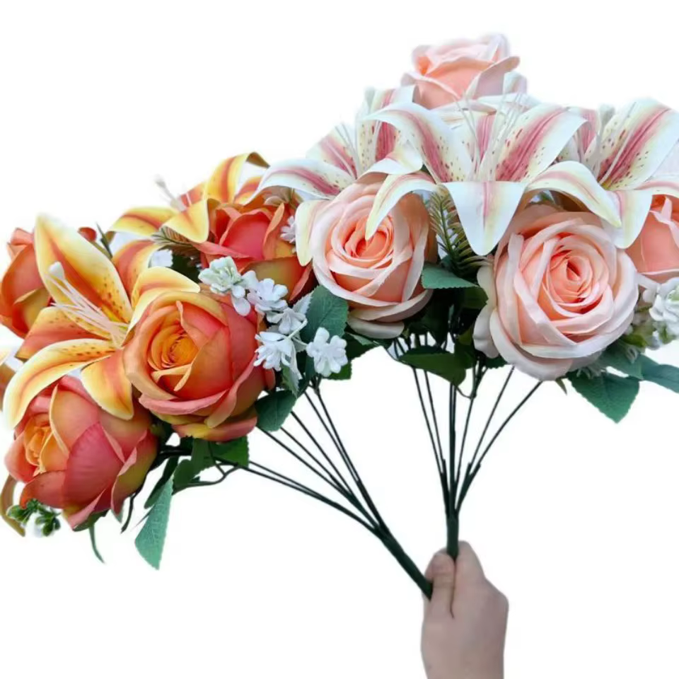 Bouquet de Couleurs Printanières : 9 Tiges de Roses et de Lys Mixtes avec des Roses - Fleurs Fraîches Coupées pour la Décoration de la Maison, Mariage, Anniversaire, Cadeau - G