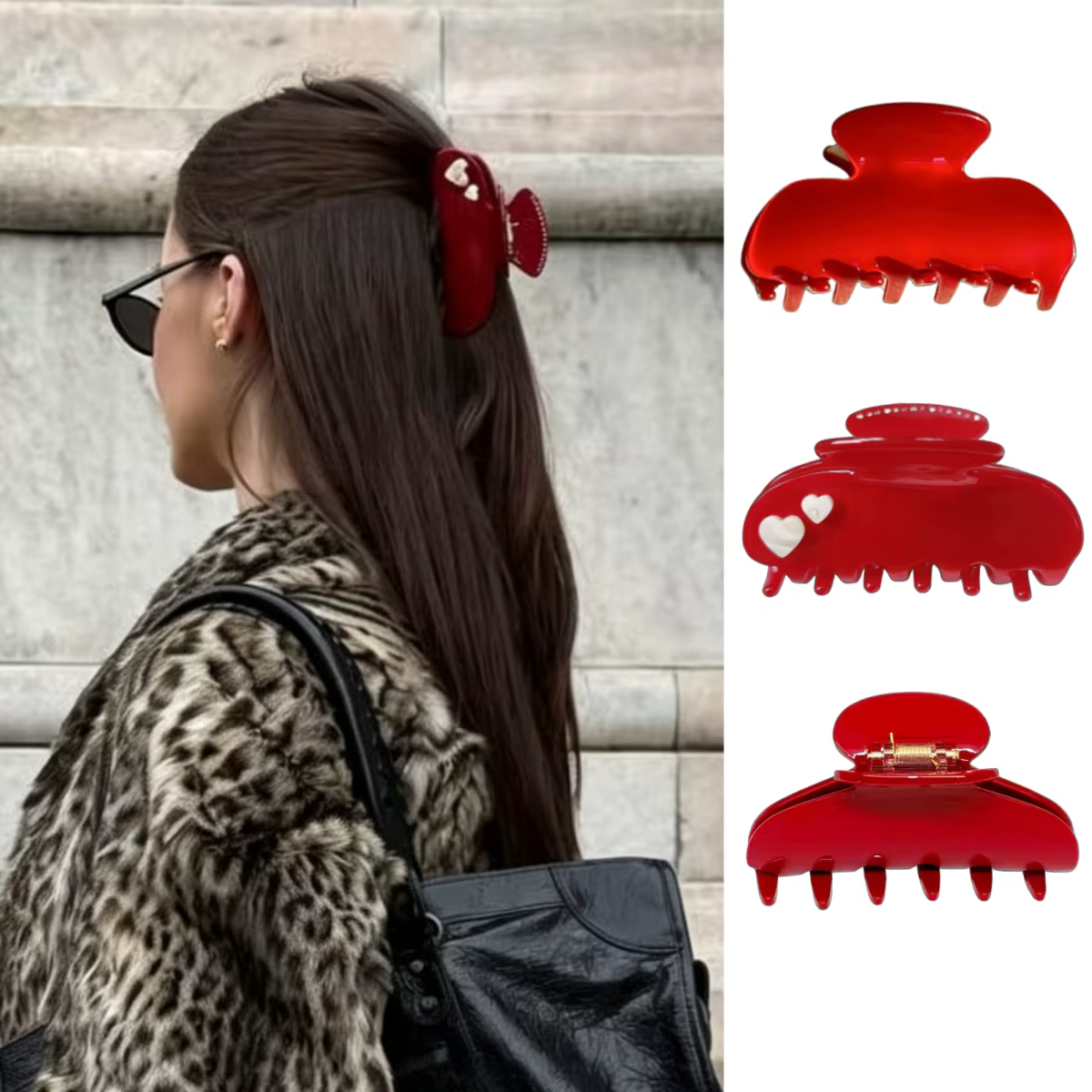 Pince à Cheveux Rouge Élégante en Acétate Motif Cœur et Fleur, Taille Moyenne, pour Femme, Accessoire de Mode, Nouveauté 2026