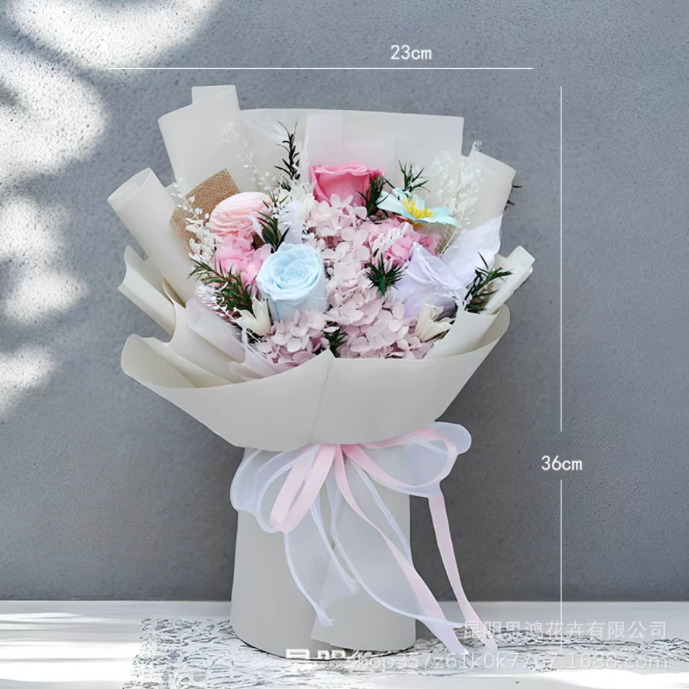 Coffret cadeau romantique en bouquet de roses et d'hortensia conservés – Fleurs éternelles durables faites à la main