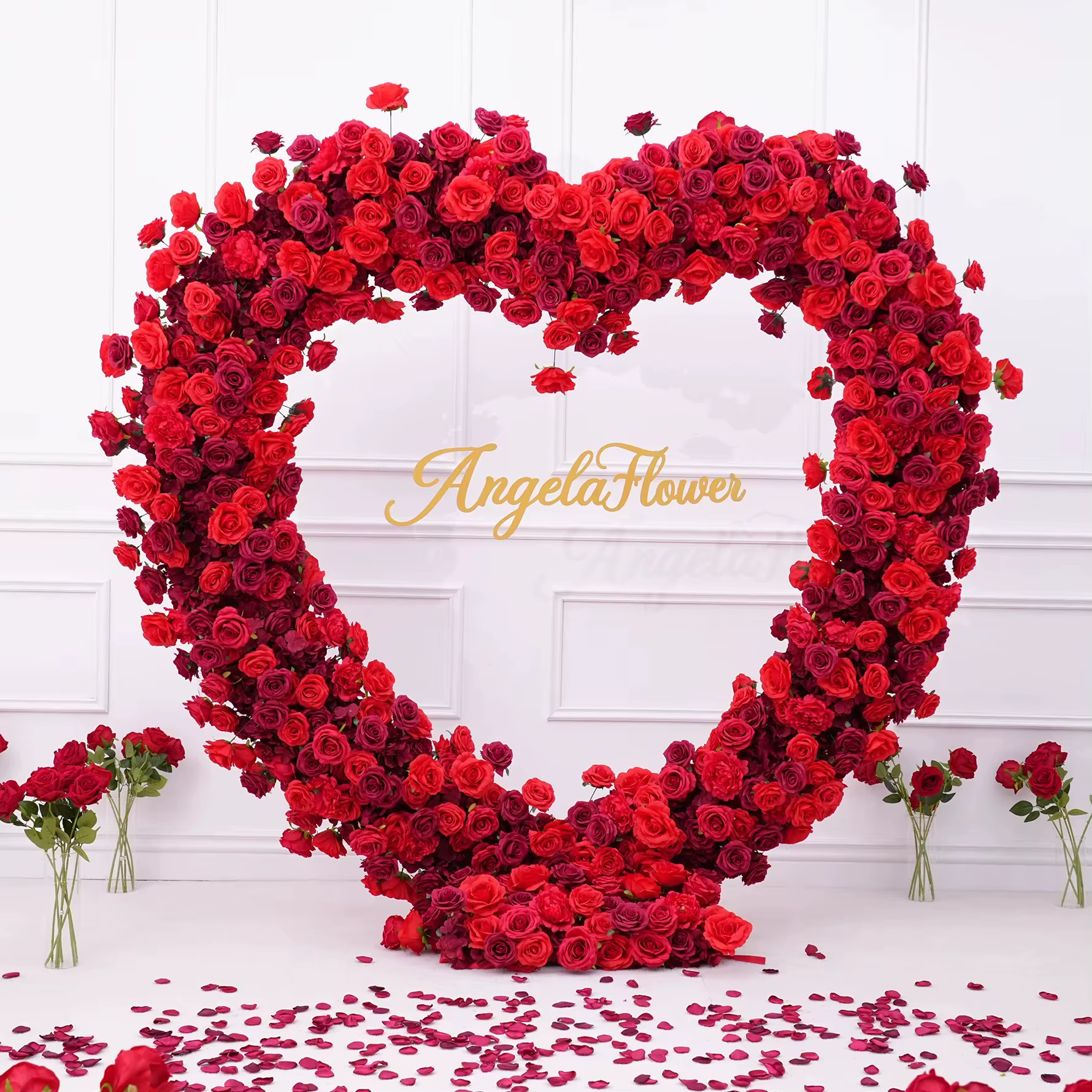 Angela fleur A8203 Base en tissu Rose blanche 5D Arrangement Floral décor toile de fond de mariage arc en forme de coeur rangée de fleurs accessoires d'événement