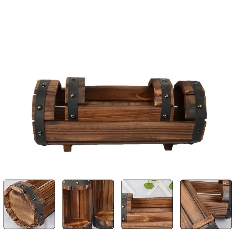 Jardinière demi-baril en bois naturel-1Pc Pot de fleur en bois rétro
