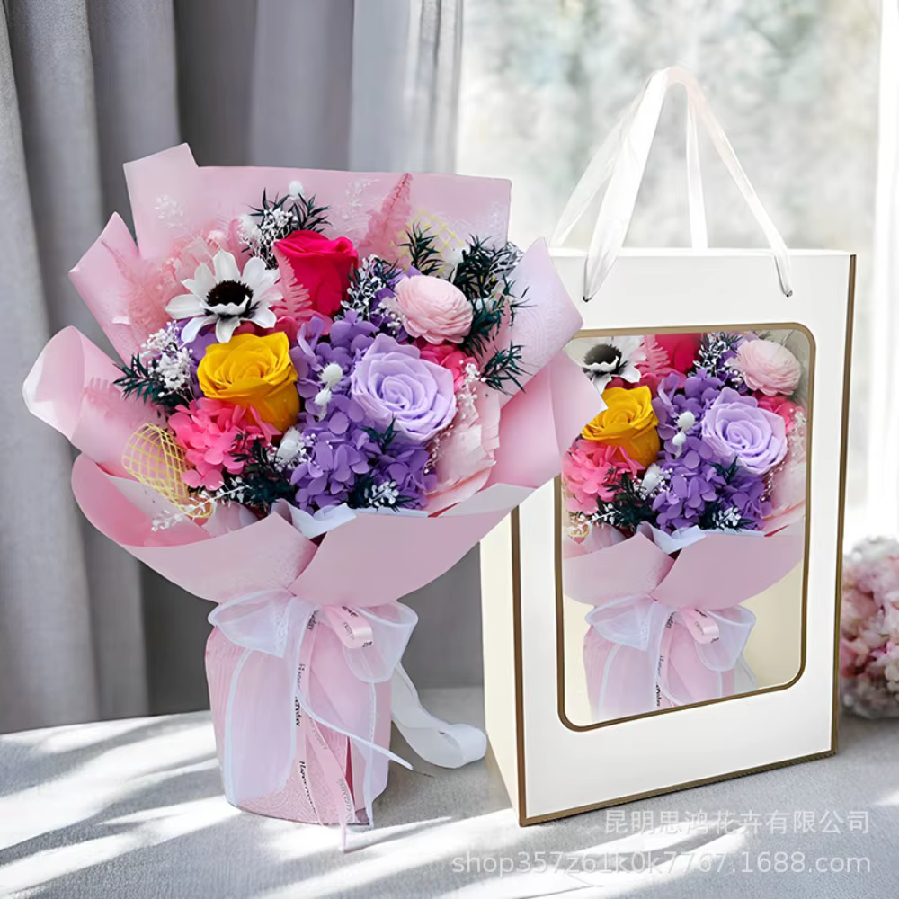 Coffret cadeau romantique en bouquet de roses et d'hortensia conservés – Fleurs éternelles durables faites à la main