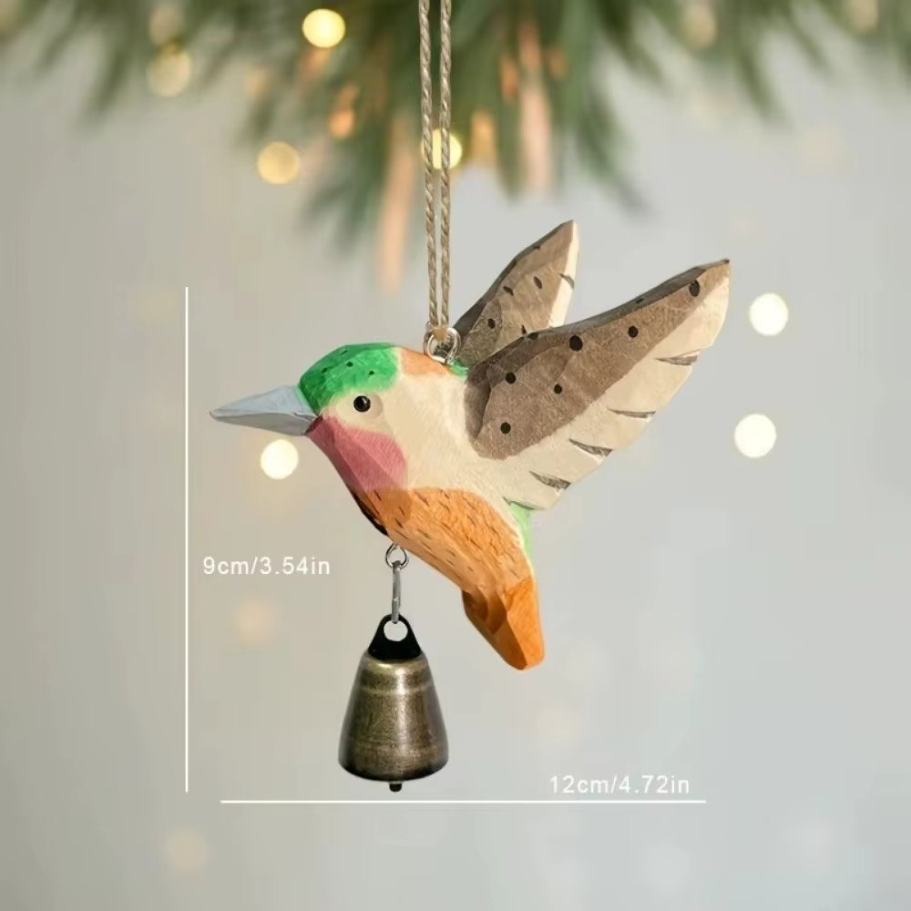 Figurine d'oiseau colibri sculptée à la main en bois avec clochette
