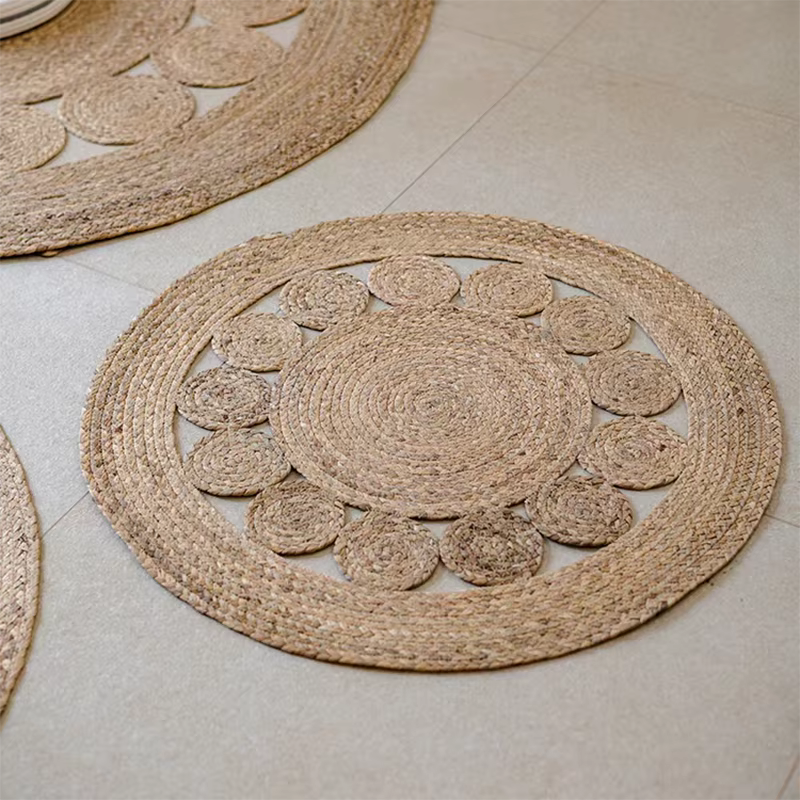 Tapis Rond Tissé en Polymère et Rotin Naturel