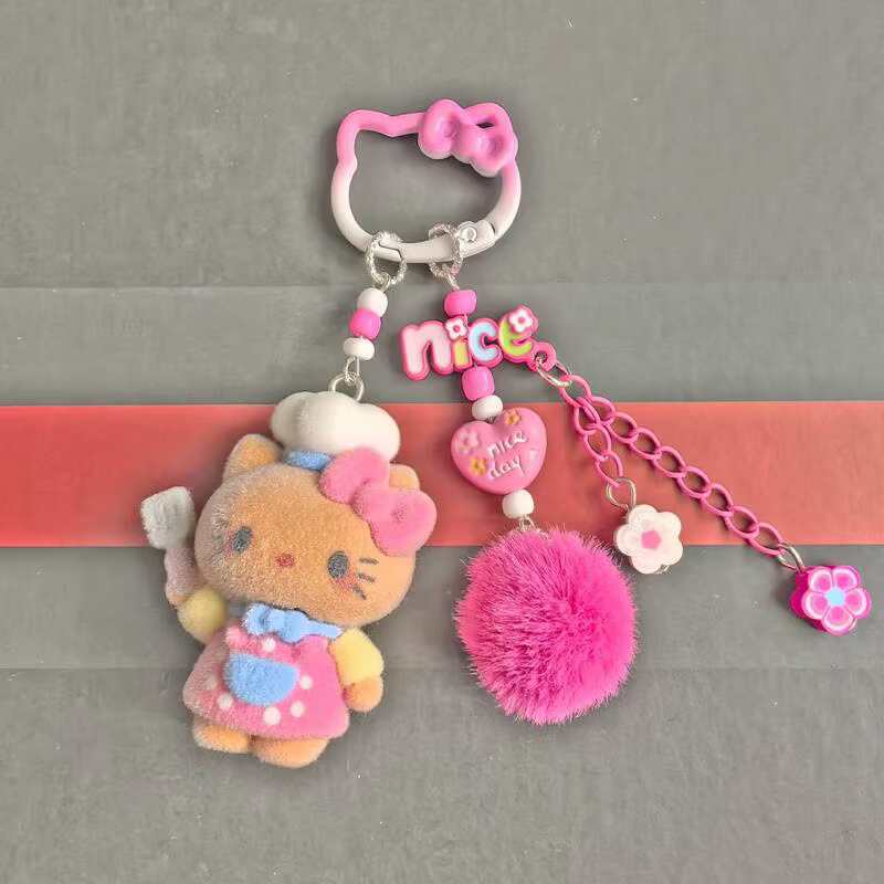 Porte-clés Hello Kitty floqué, breloque de sac, pendentif pompon floral pour accessoire quotidien et décoration assortie