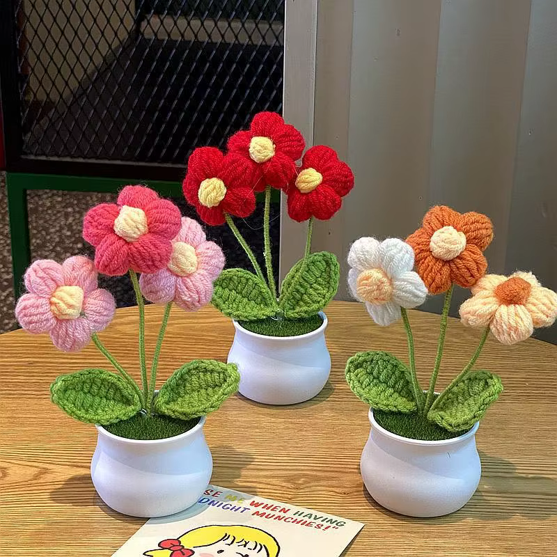 Bricolage Mini fleur de Rose en pot tissé à la main Flores artificielles bureau ornemental plante en pot fil de laine décor à la maison
