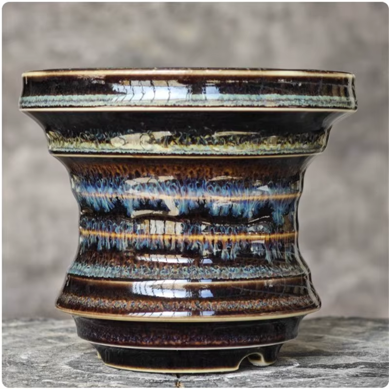 Pot en porcelaine bleue ronde émaillée pour racines