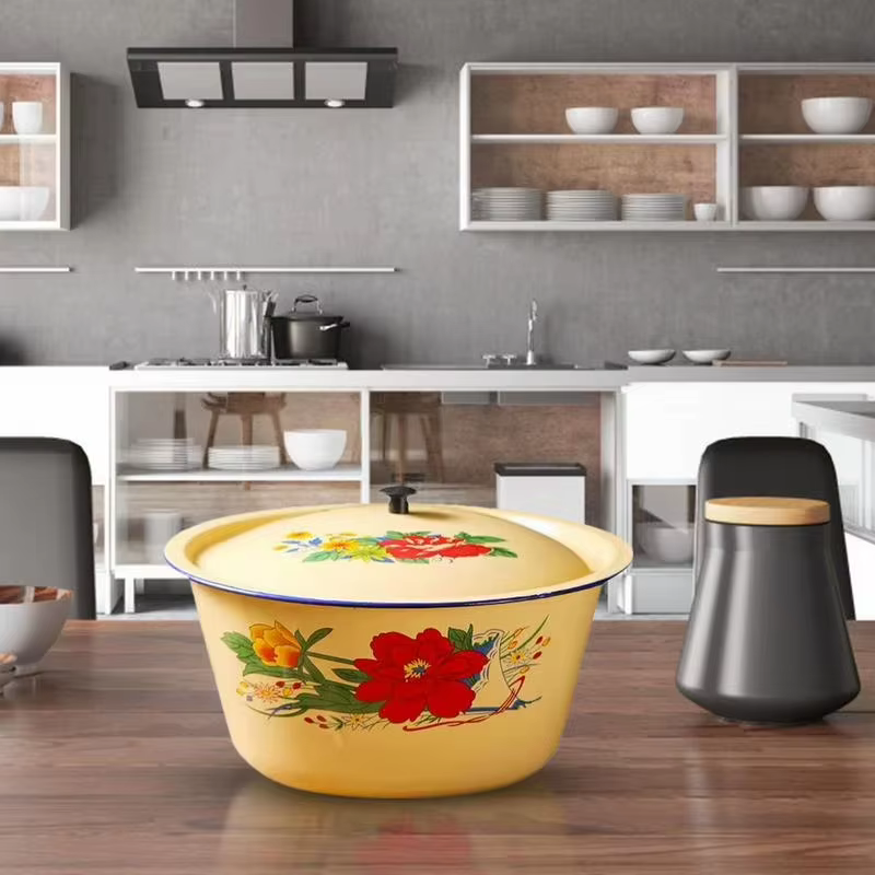 Pot de stockage des aliments, bassin en émail, récipients à gâteaux en émail Vintage classiques, bol avec couvercle, bol de service de soupe asiatique, Pot de saindoux jaune