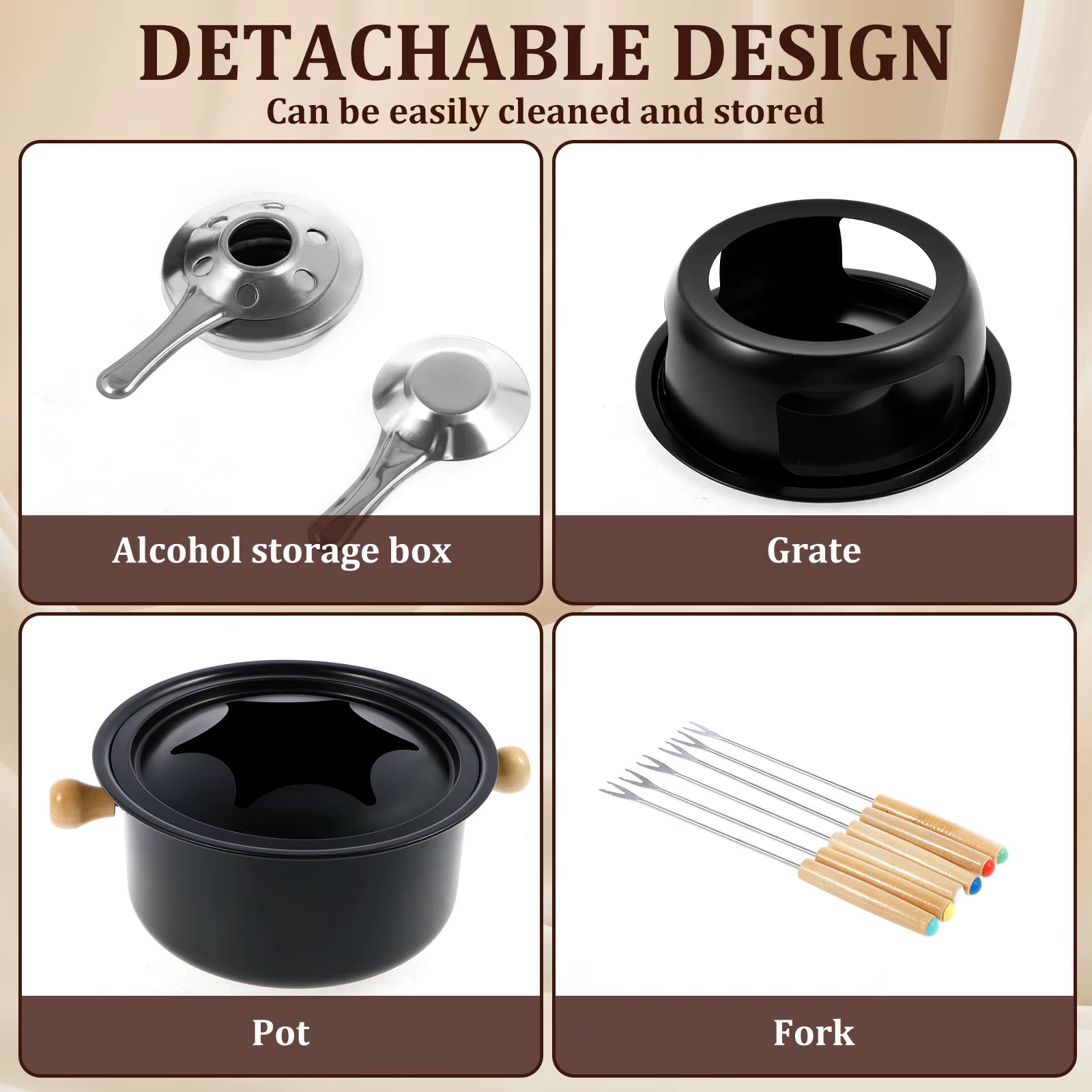 Kit de fondue polyvalent pour fondue au fromage et chocolats, ensemble de casseroles à fondue en acier inoxydable, appareil à fondue chauffant uniforme avec 6 fourchettes