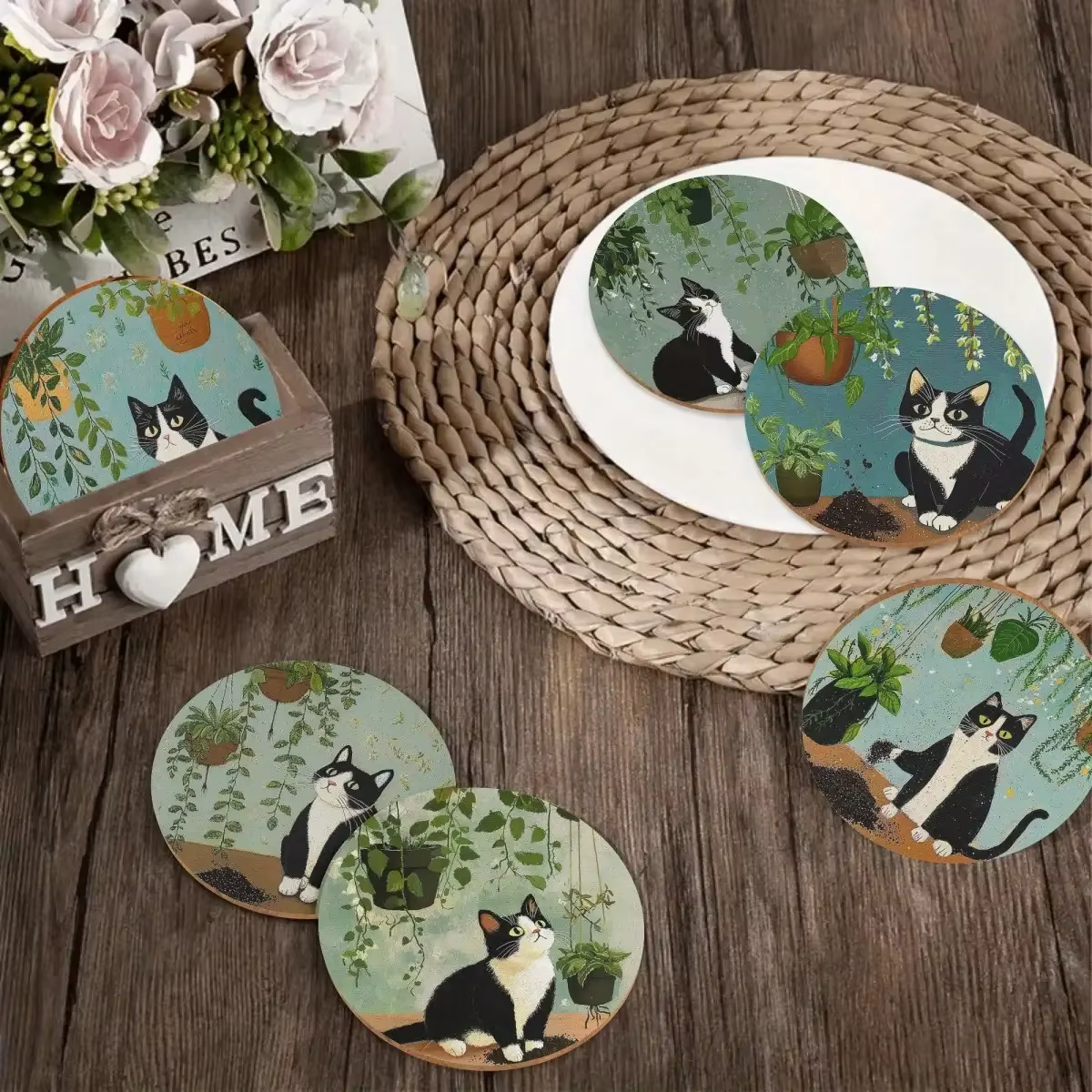 Dessous de verre en bois de plante d'araignée verte de chat de vache de dessin animé 2D-décoration de table ronde cadeau pour les amoureux des chats décor à la maison