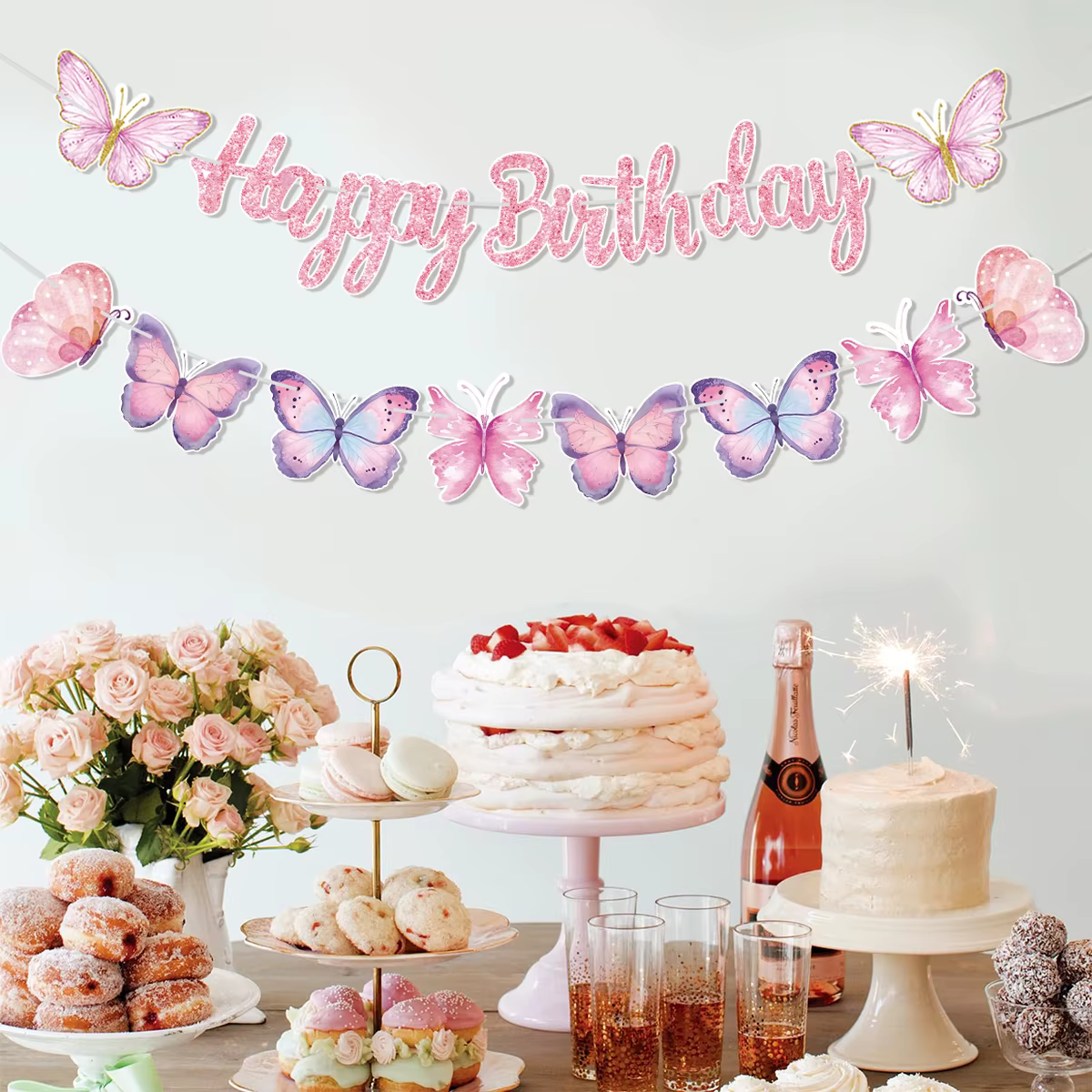 Bannière rose Joyeux Anniversaire avec guirlandes suspendues en forme de papillons dansants, décorations de fête pour le 1er anniversaire de princesse