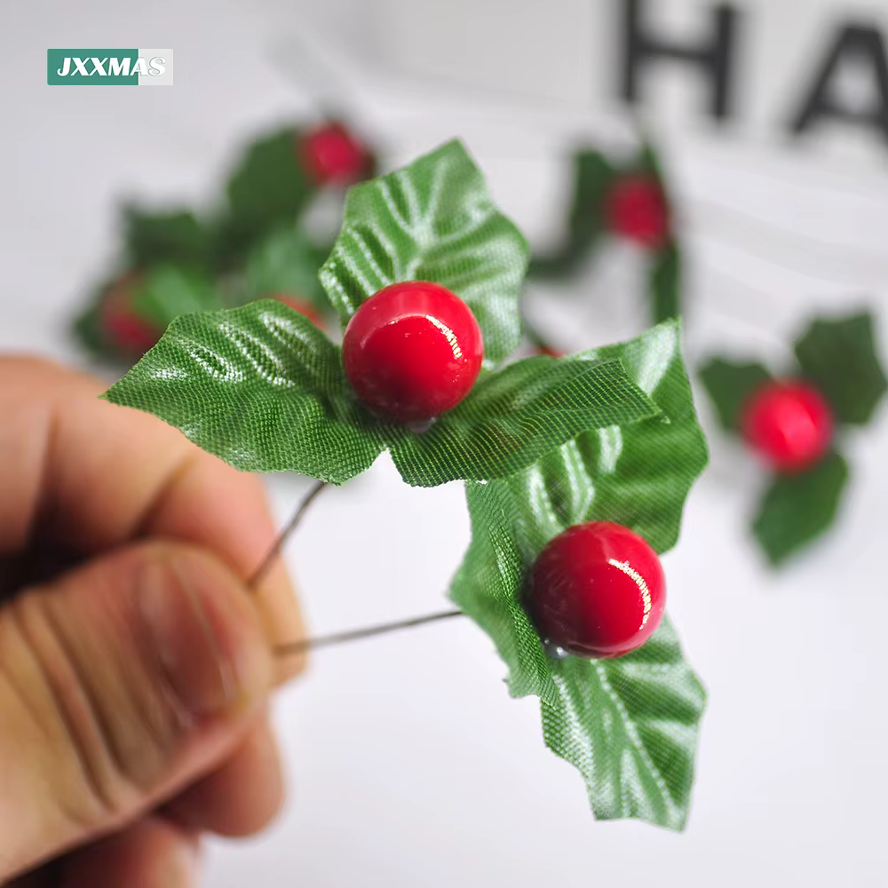 24 pièces feuille de houx artificielle baies cerise rouge petits fruits fleur de soie bricolage Bouquets de noël couronne fête de mariage décoration de la maison