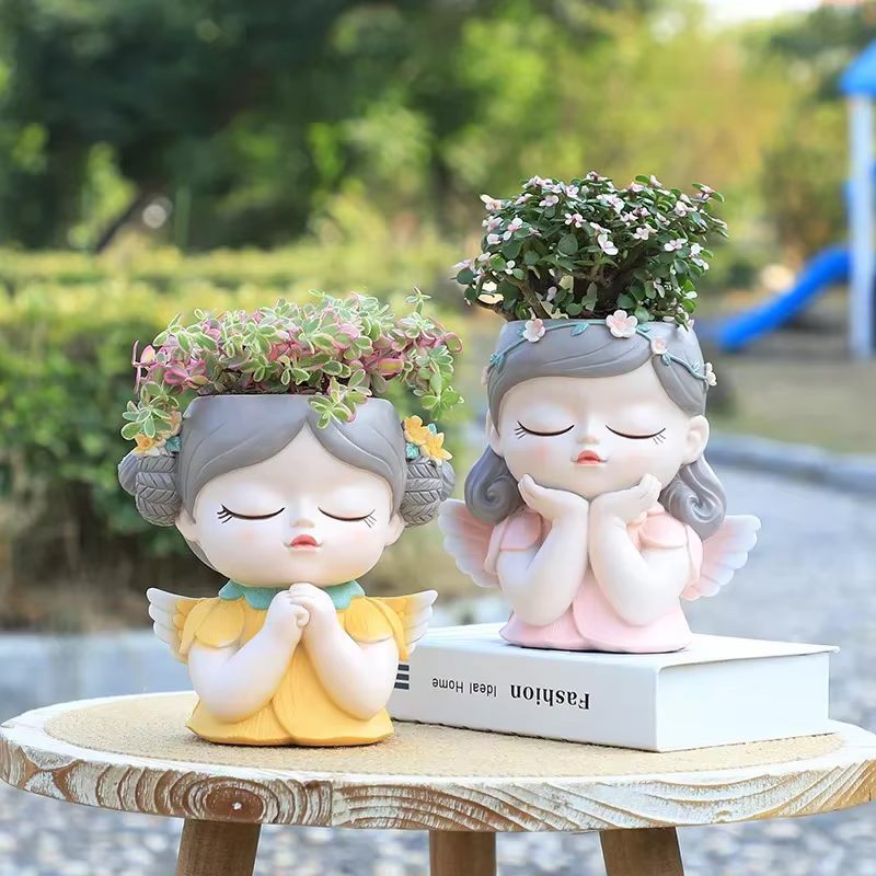 Pot de jardinière de visage de fille d'ange mignon de 7 pouces avec trou de Drainage