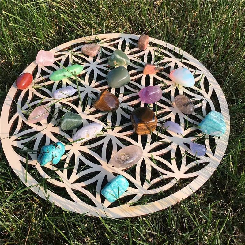 Planche à grille en bois et cristal, fleur de vie, Chakra géométrique sacré, décoration murale artistique, décoration spirituelle pour la maison, pour le Yoga/Méditation