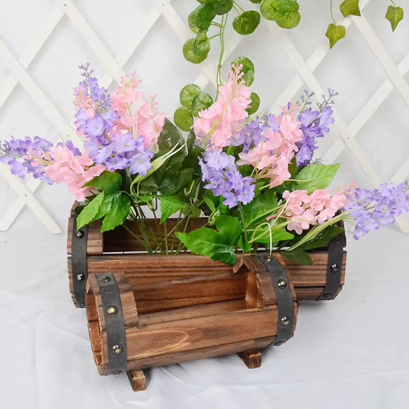 Jardinière demi-baril en bois naturel-1Pc Pot de fleur en bois rétro