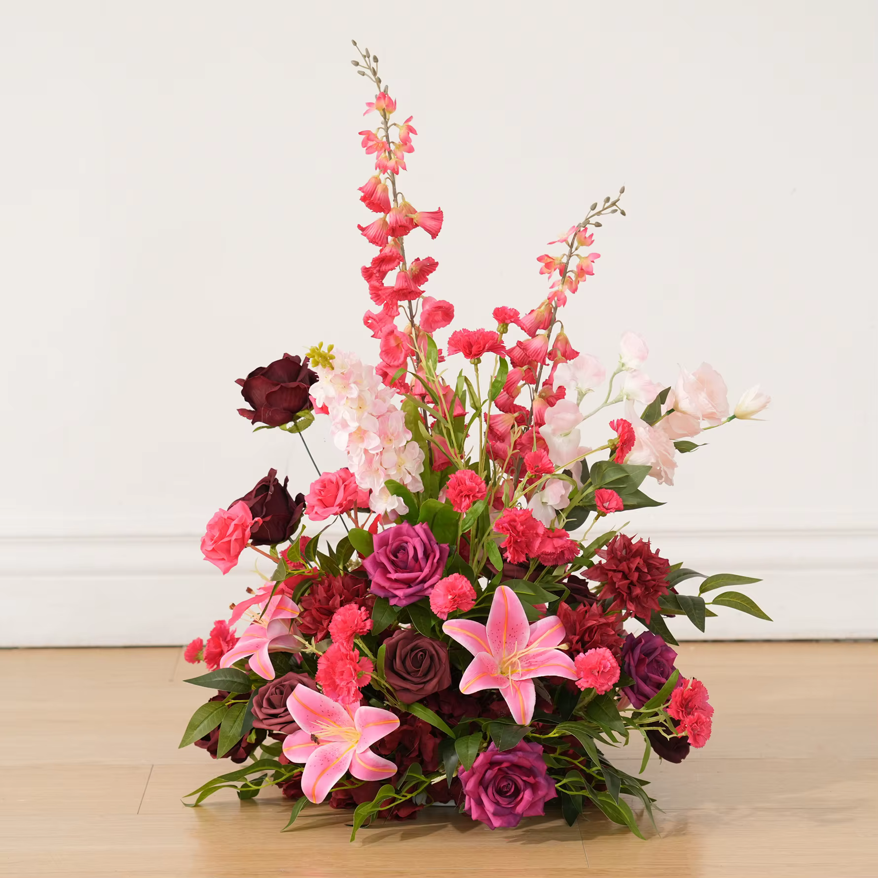 HMEOT H9047 Hydrangeas bordeaux Rose feuille verte Arrangement Floral corne arc décoration idées pour mariage passerelle allée boules de fleurs