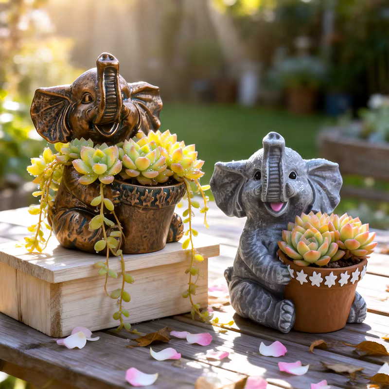 Pot de fleurs en bronze antique en forme d'éléphant pour fleurs de pâquerette