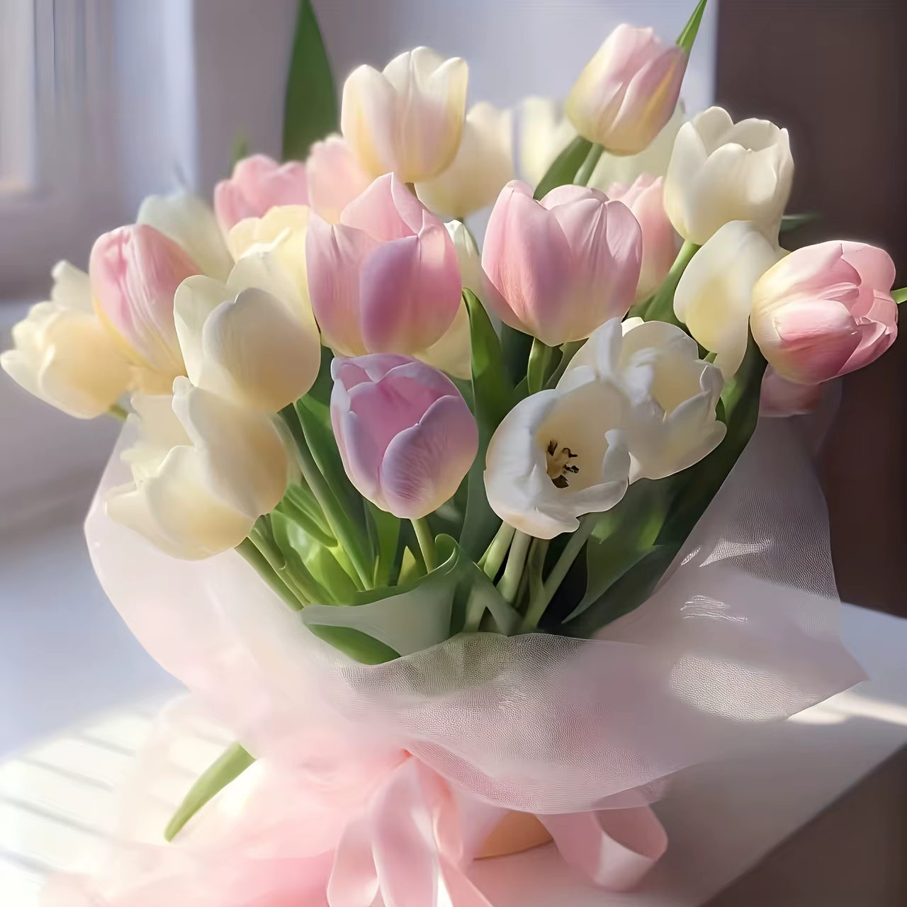 Ensemble de 12 tulipes artificielles réalistes crème et roses