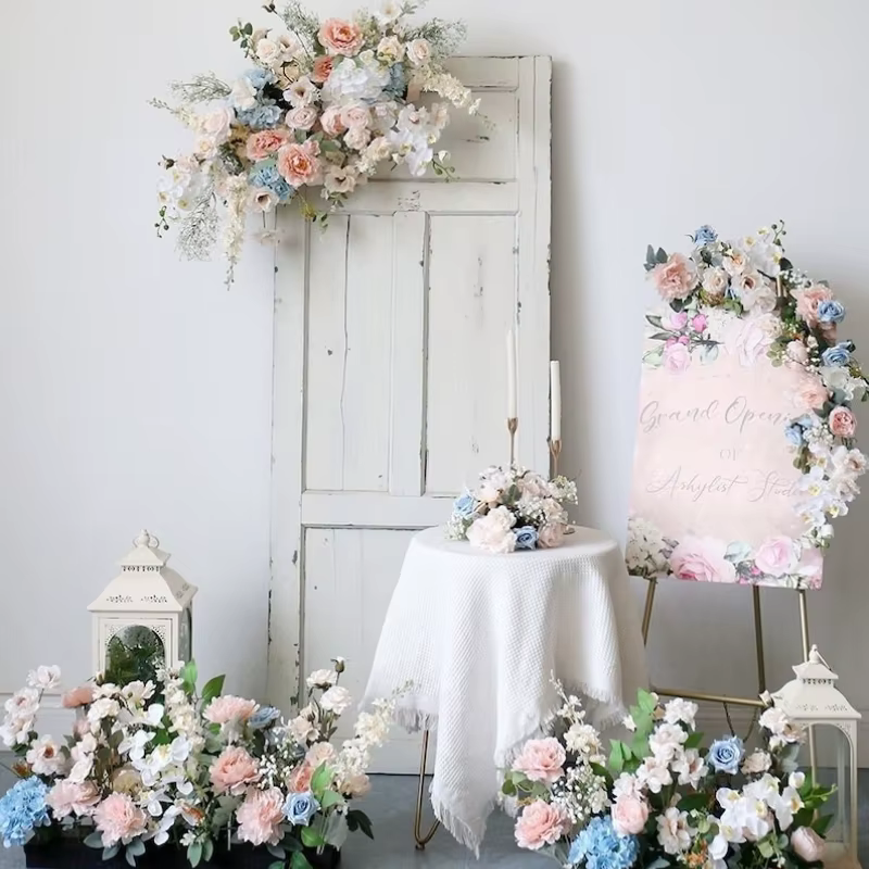 Blush blanc bleu clair fleurs artificielles décoration de mariage Pastel rose coin Swag arc fleur Arrangenmet Table pièce maîtresse