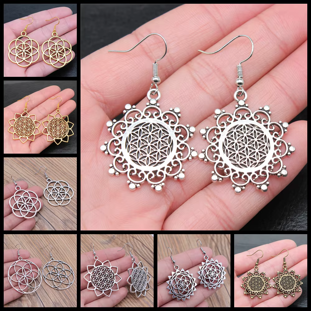 Boucles d'oreilles rondes sculptées à la main pour femmes, bijoux de déclaration uniques, vente en gros, fleur de vie, vente en gros