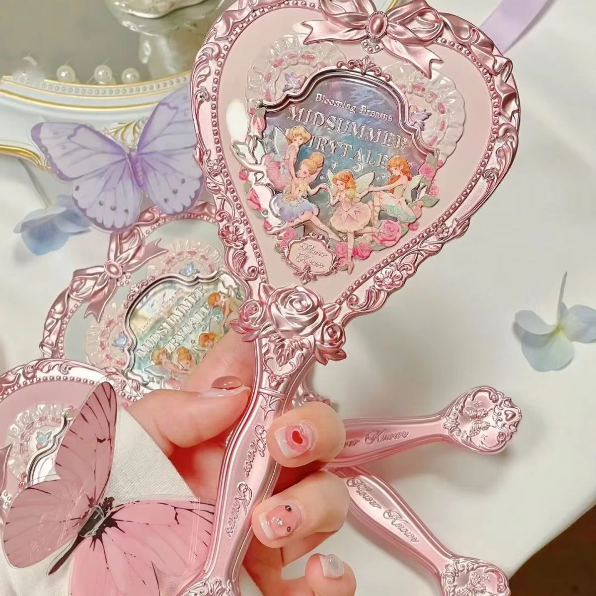 Flower Knows – Collection de contes de fées d'été, miroir à main vert menthe, maquillage exquis, miroir rose laiteux