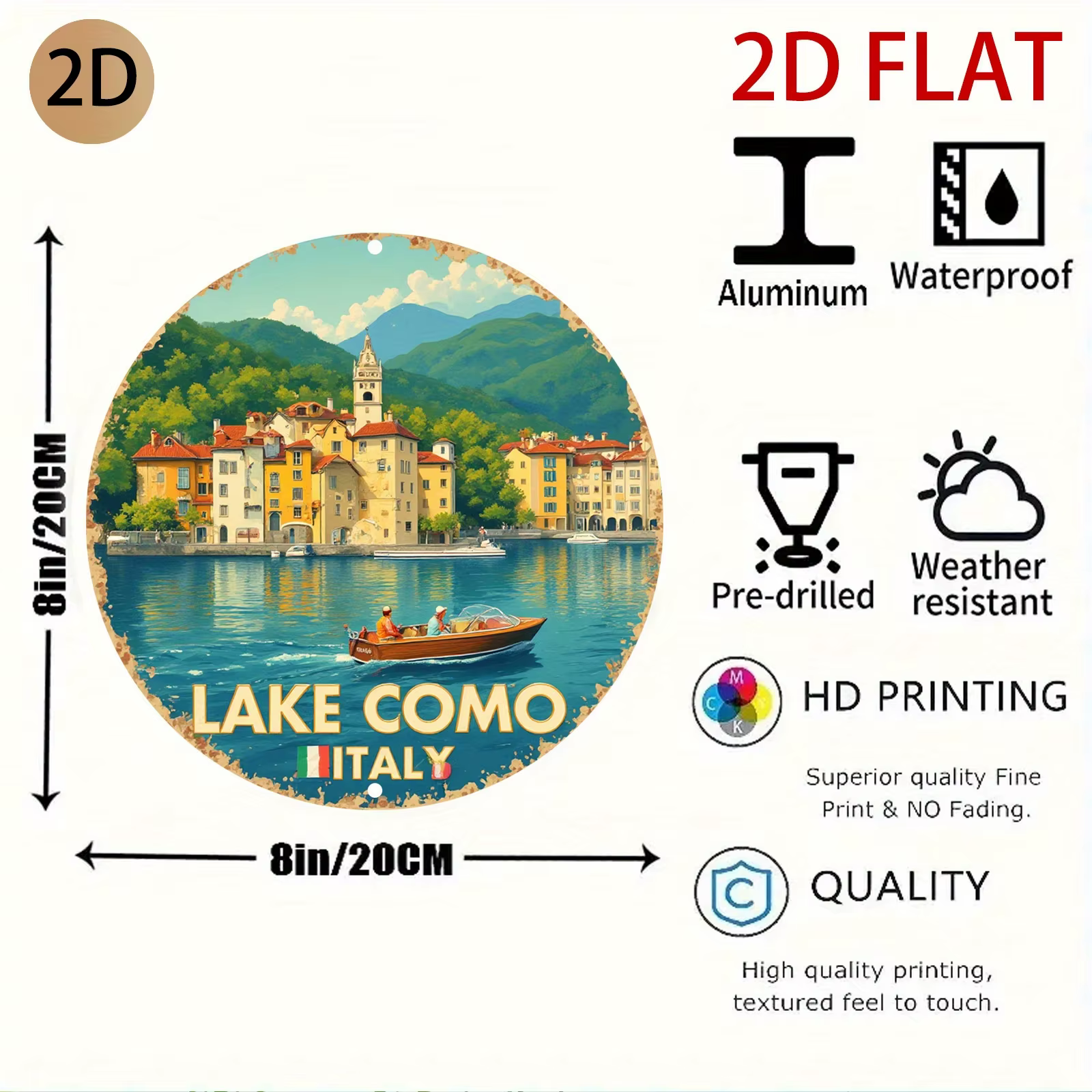 Décoration murale en métal sur le thème du lac de Como en Italie - Plaque en étain rétro